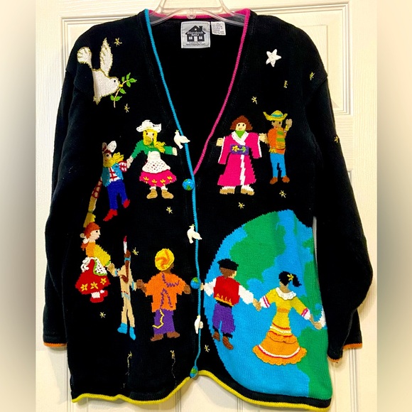 Storybook Knits Women’s 1X Cardigan Sweater  Around World Peace Diversity - Picture 1 of 4